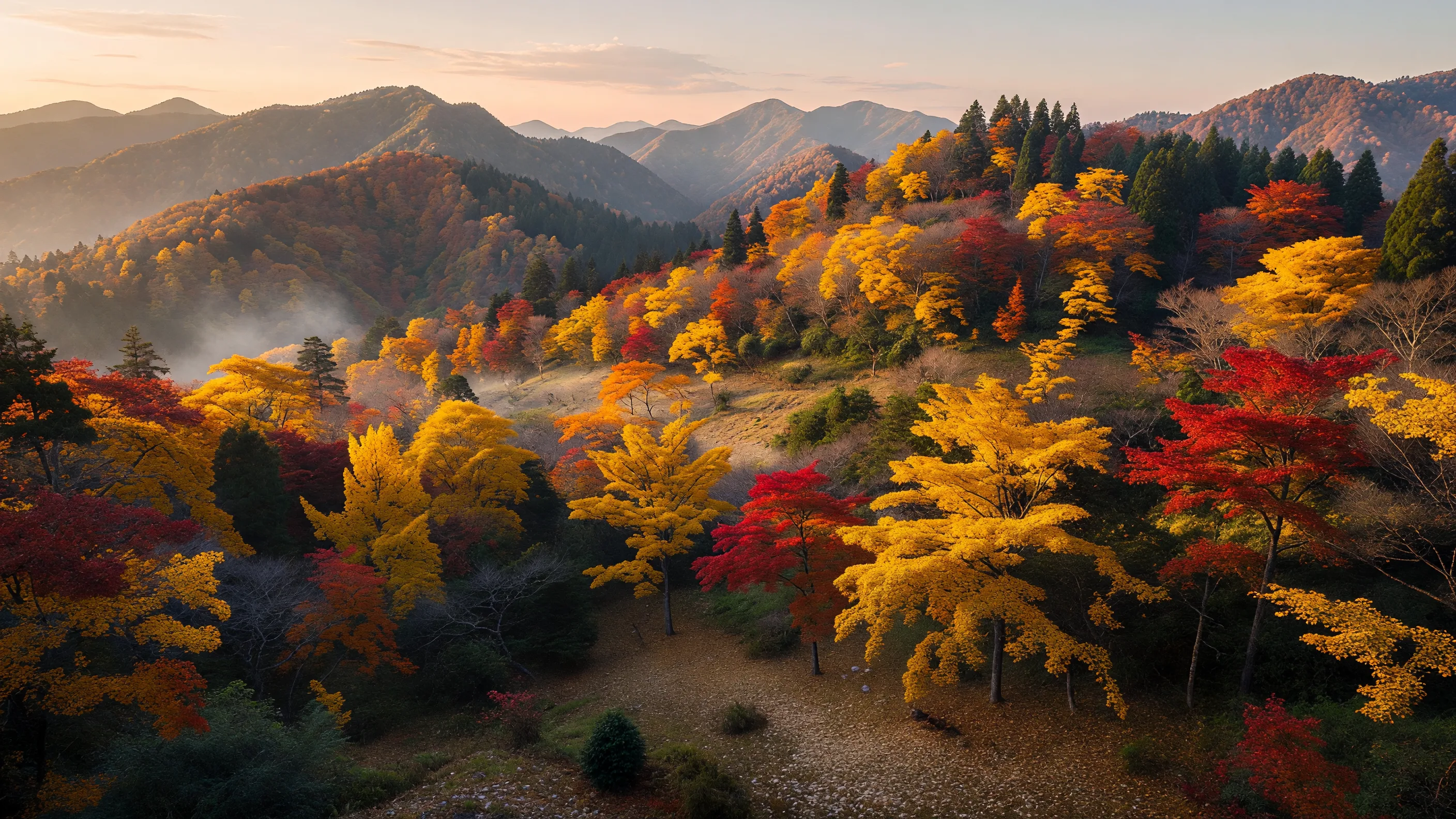 紅葉に染まる尾根