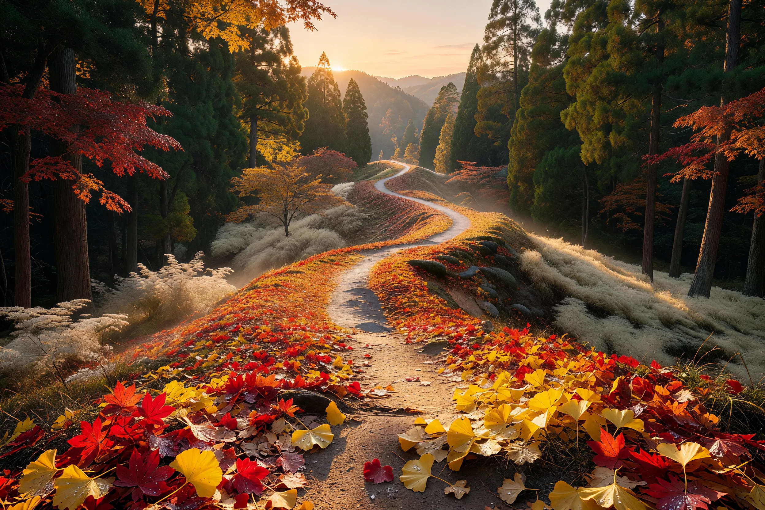 落ち葉が敷き詰められた紅葉の尾根道