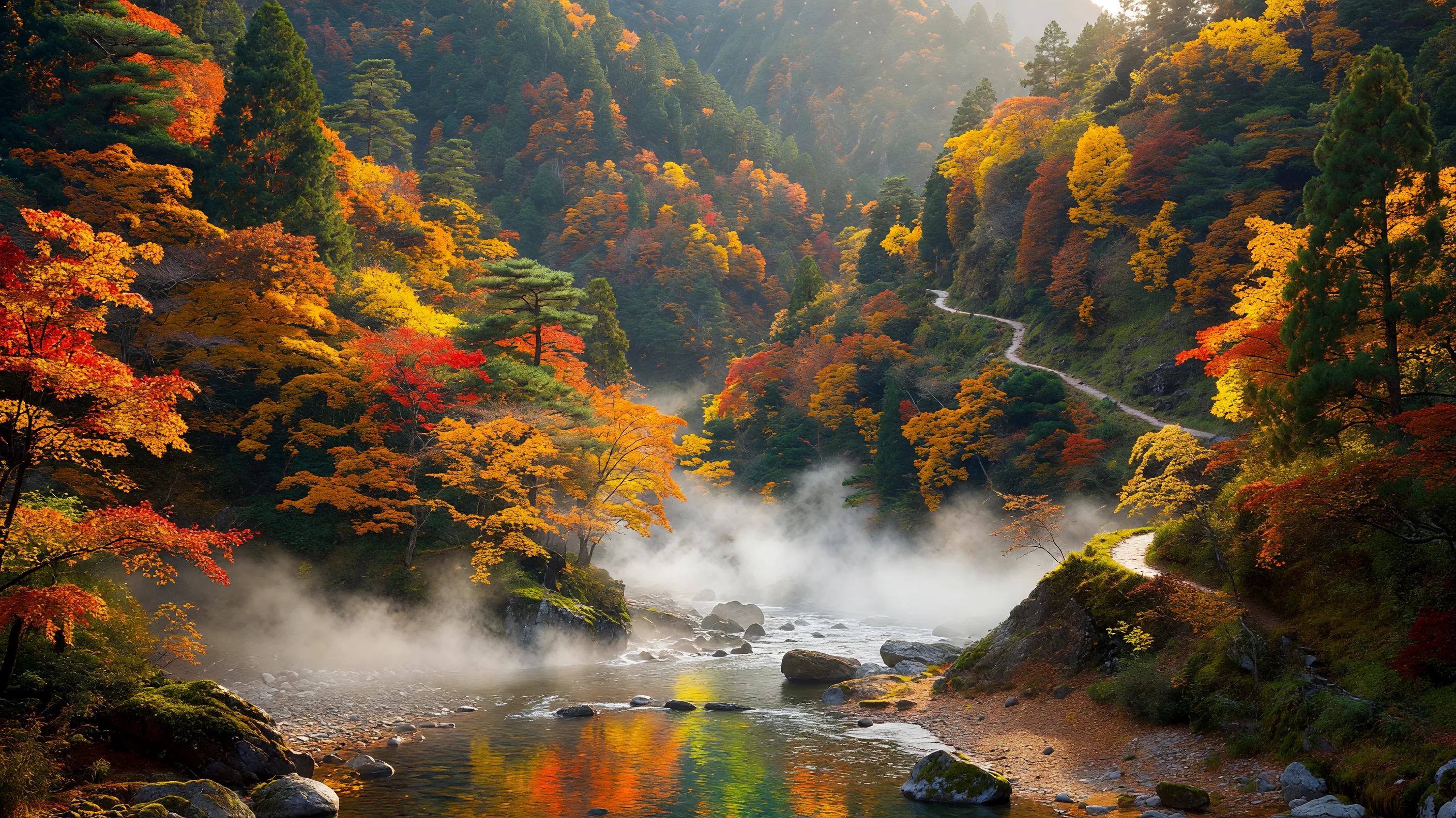 霧に包まれた秋の渓谷と紅葉
