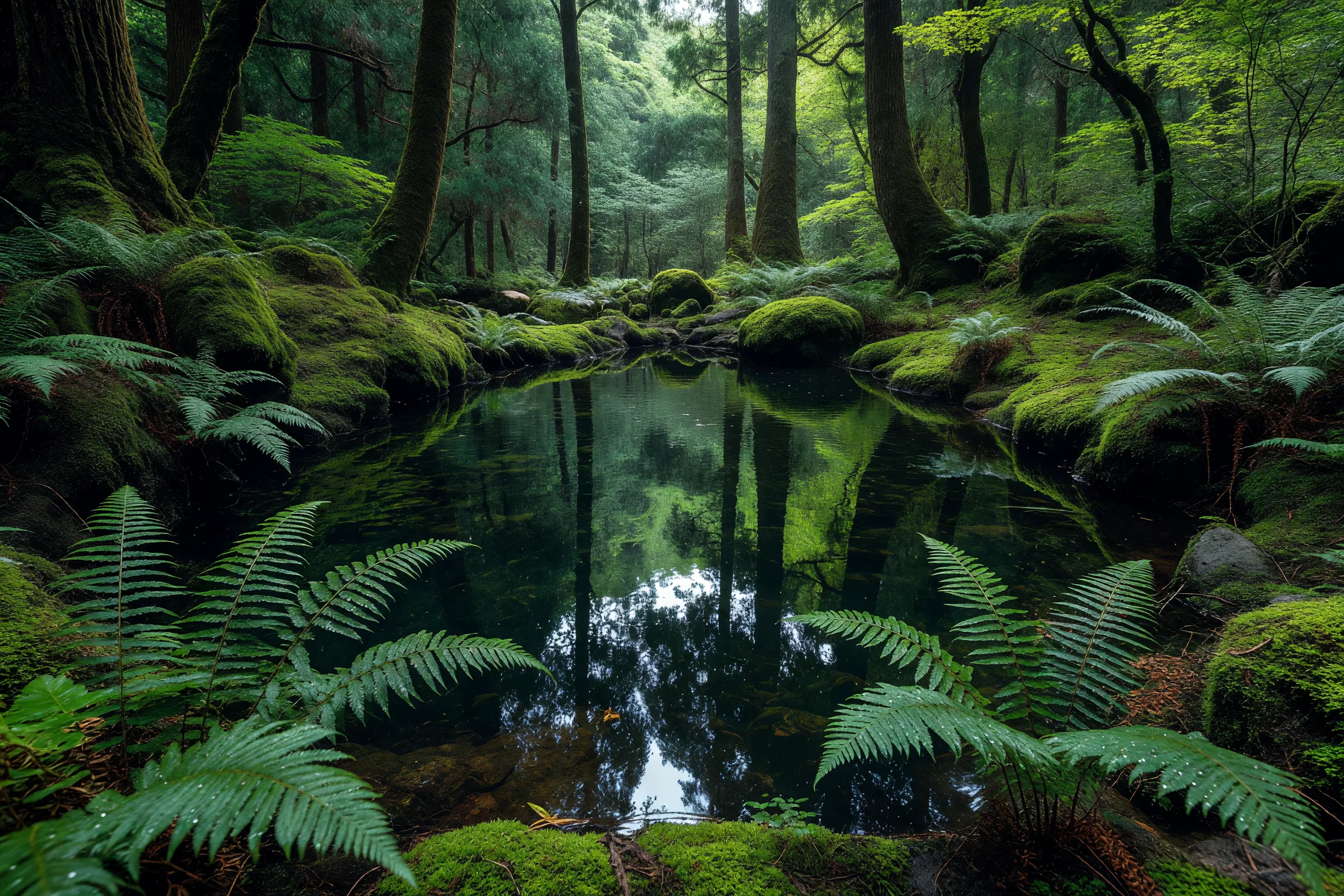 苔とシダの森の池