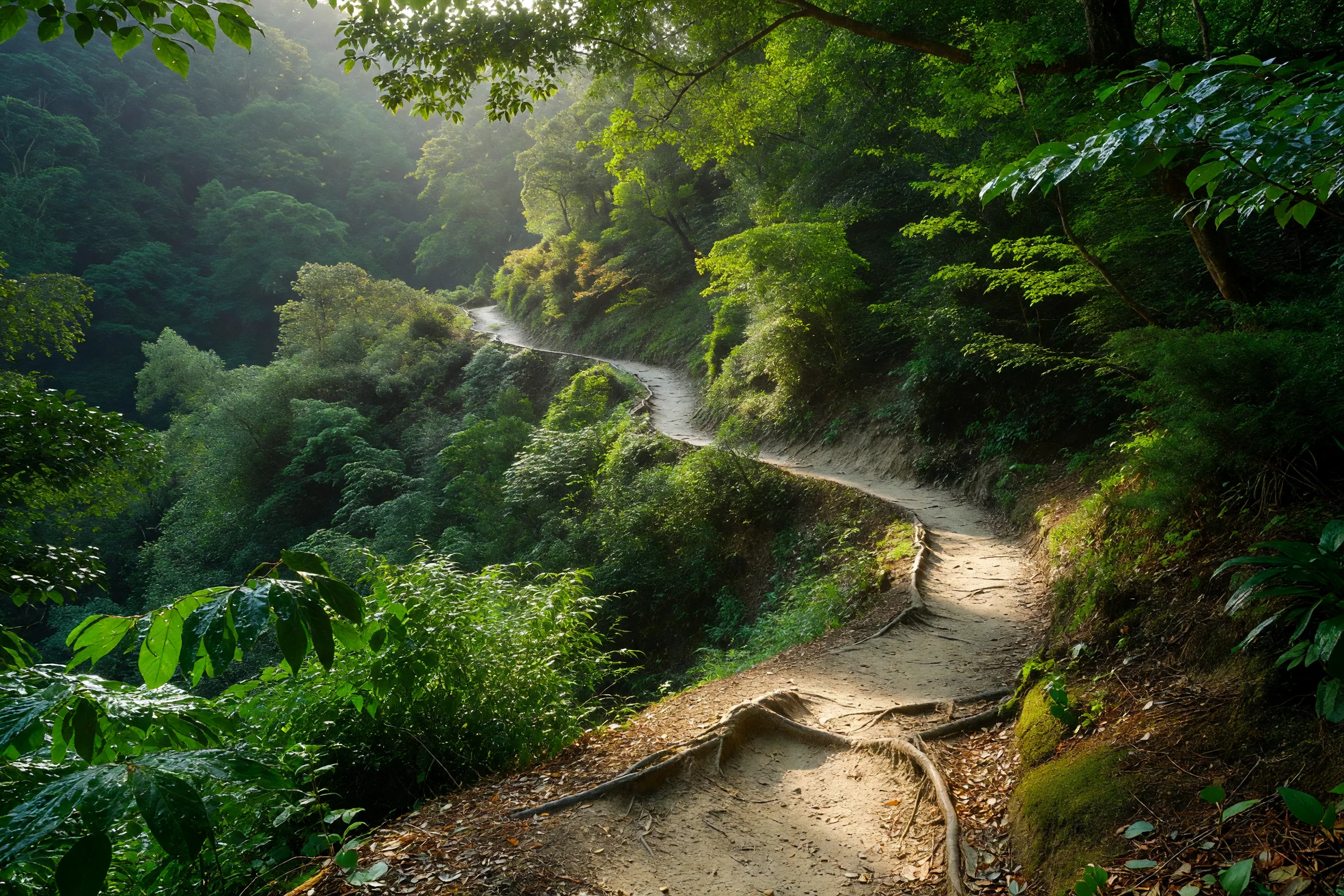 なだらかな新緑の山肌をゆく春の登山道