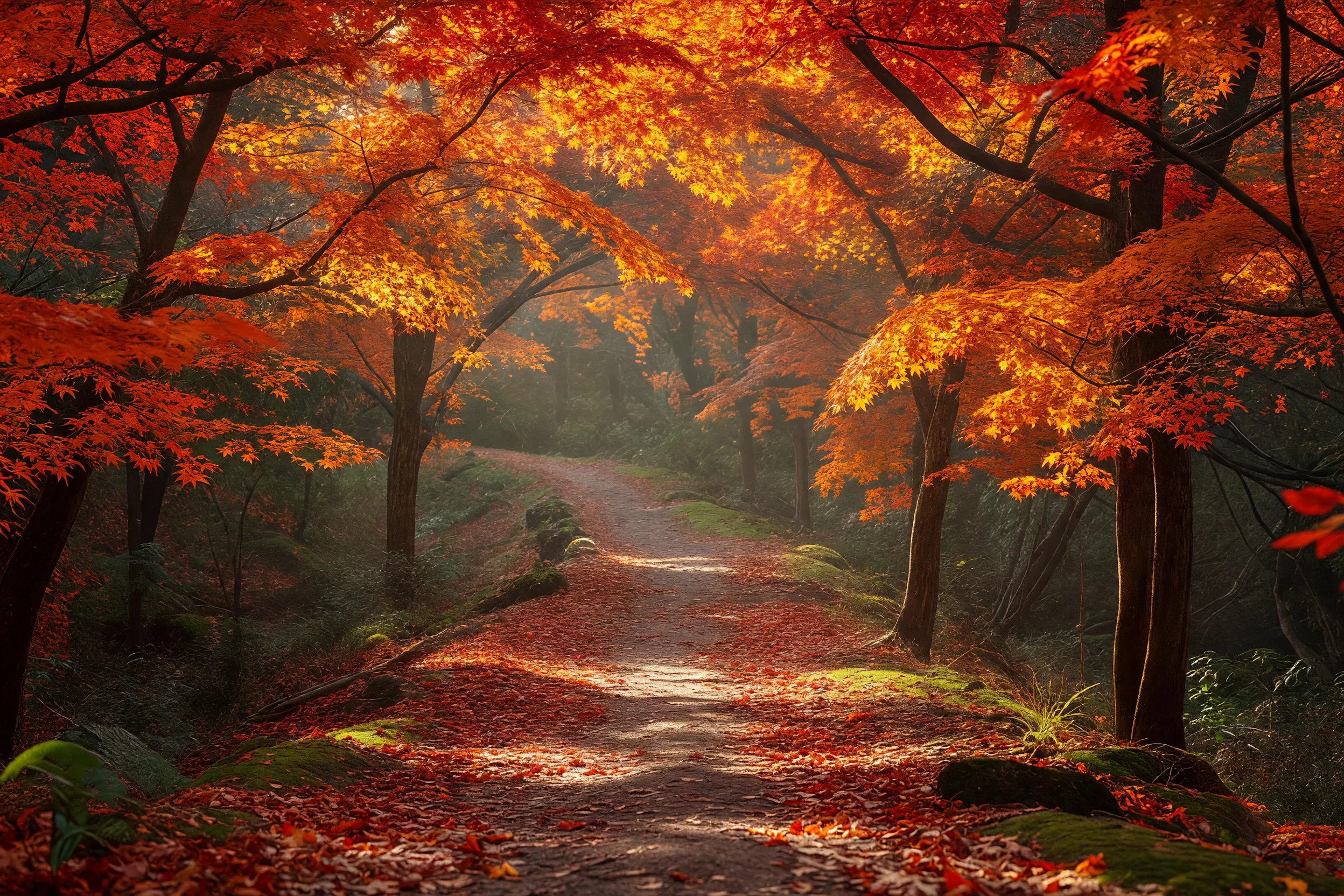 紅葉に染まるカエデの森の道