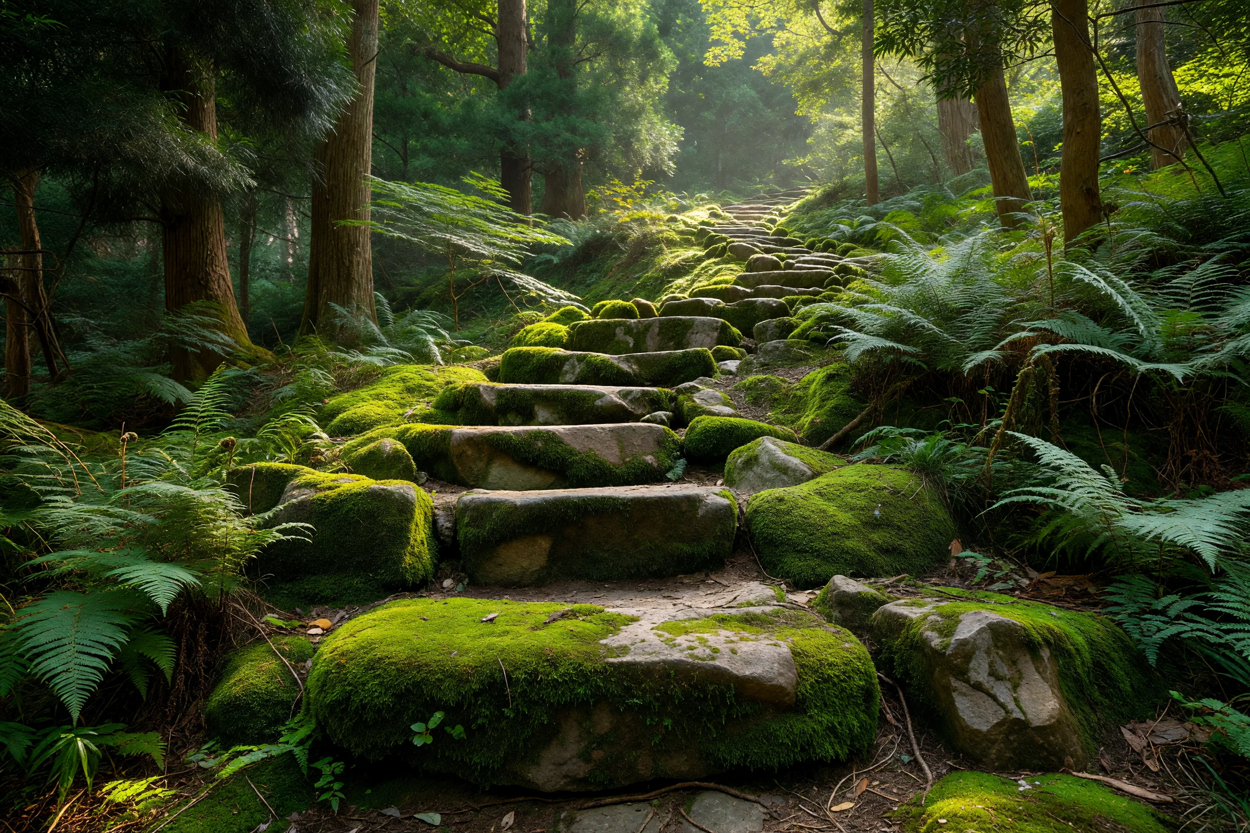 苔むした森の小道の石段