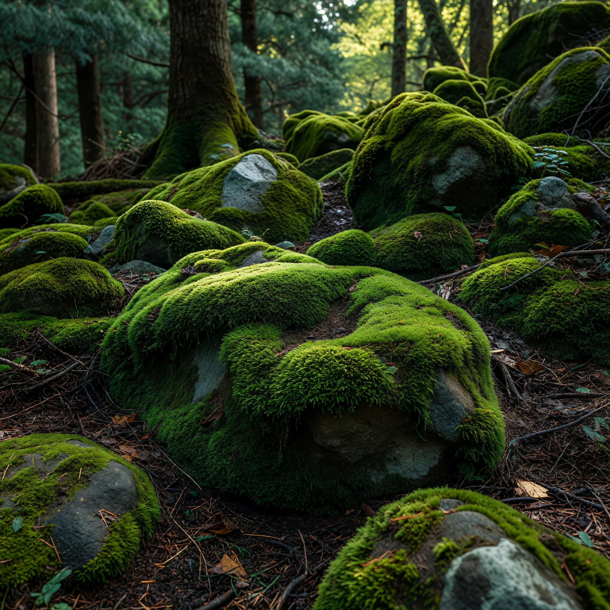 苔に覆われた森の地面の岩