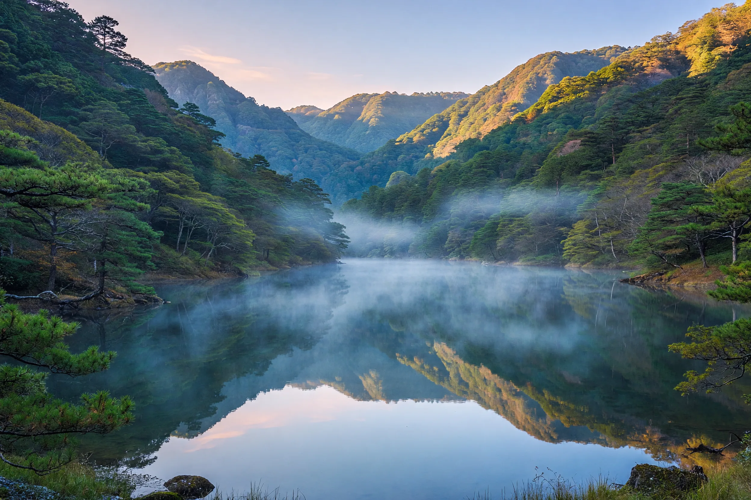 夜明けの霧が漂う山の湖