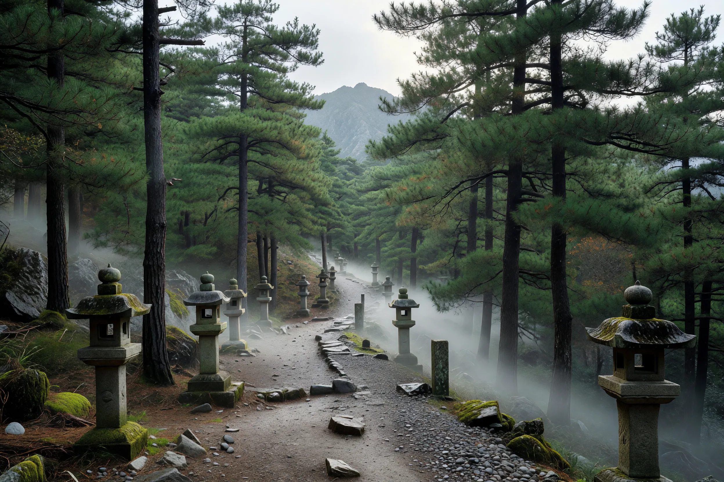 石灯籠のある山道の峠