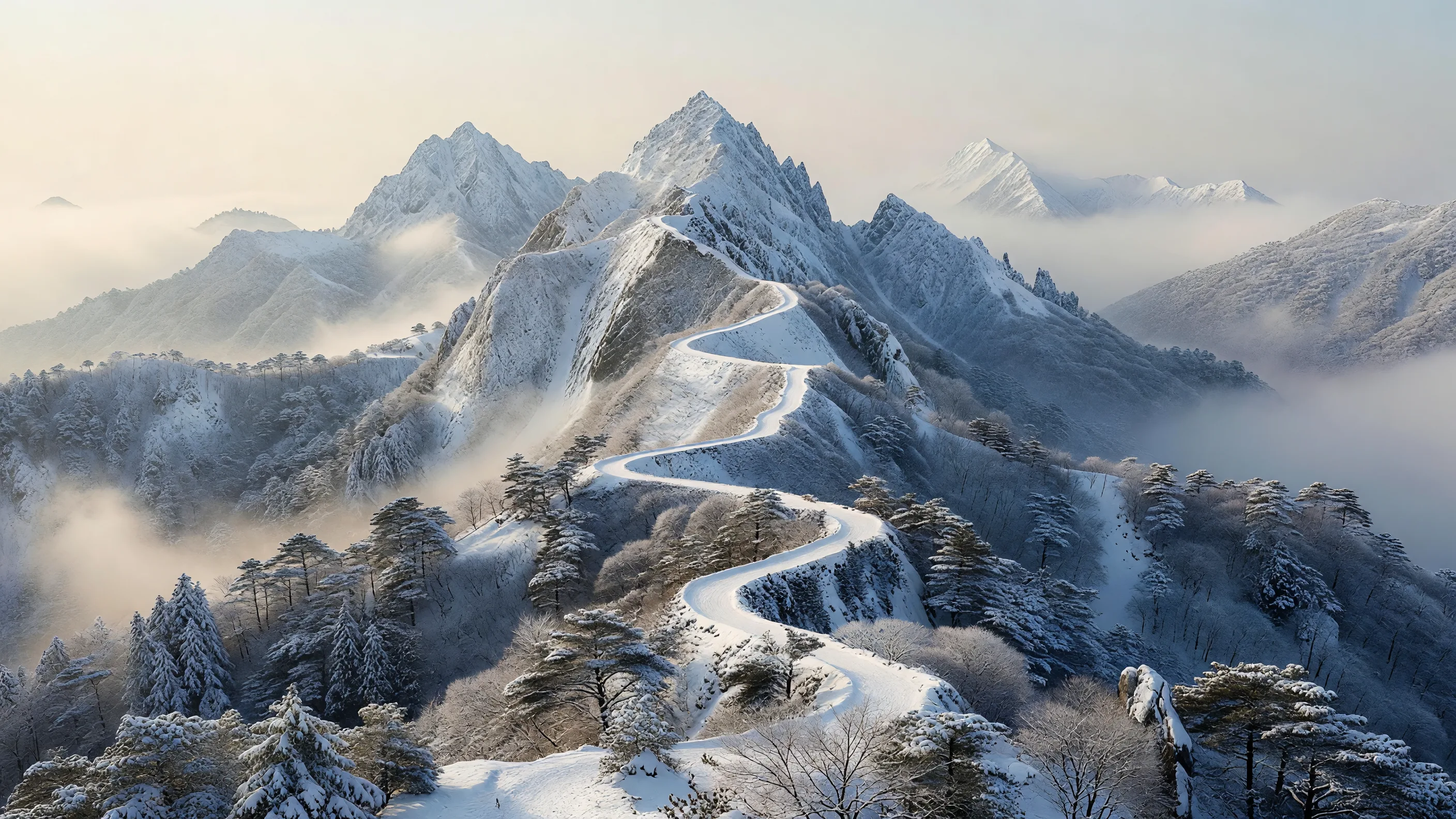 雪に覆われた冬の尾根の峰々